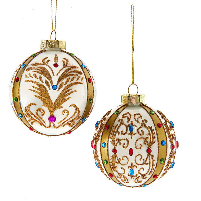 3.15-inch white and gold jeweled glass Christmas ornaments