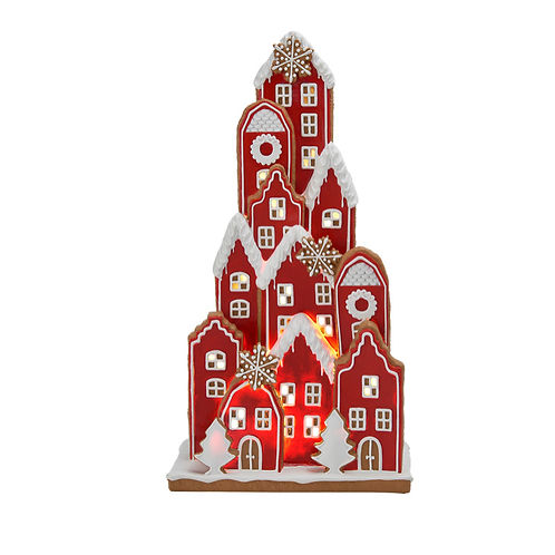 18.5-inch red LED Christmas village with snowy rooftops and timer