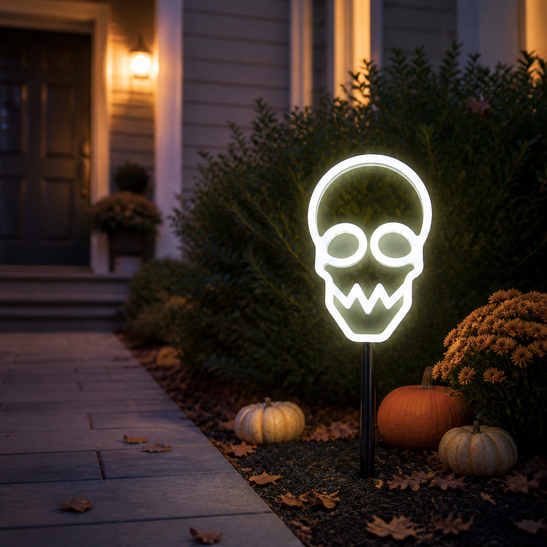 White neon skull Halloween yard stake beside a front walkway at dusk