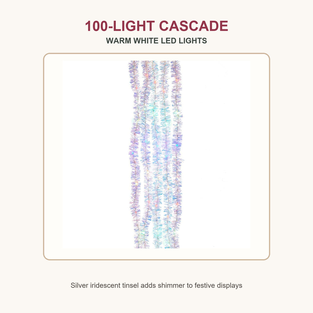 Silver iridescent tinsel cascade with 100 warm white LED Christmas lights