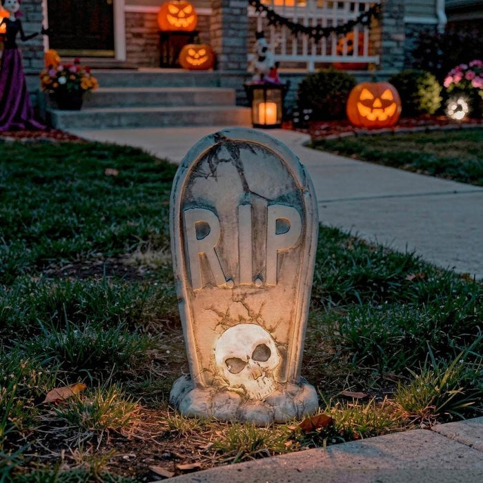 11-inch LED Halloween RIP tombstone with skull decoration