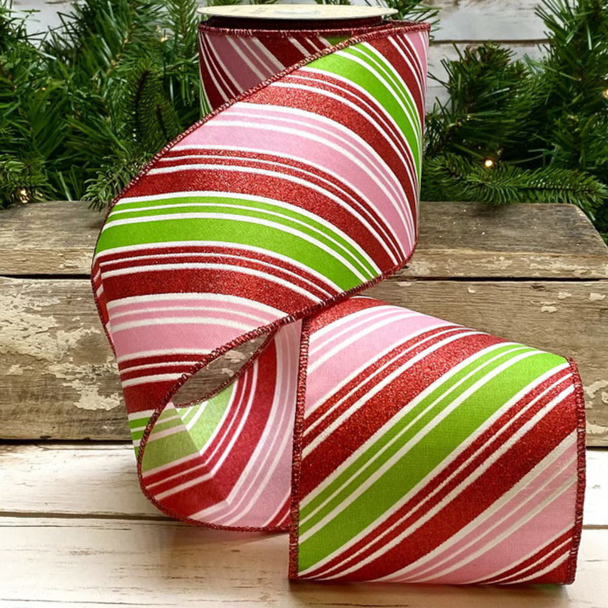 4" x 10yd Candy Cane Striped Christmas Ribbon – Red Glitter, Pink, Green & White Satin Wired Edge