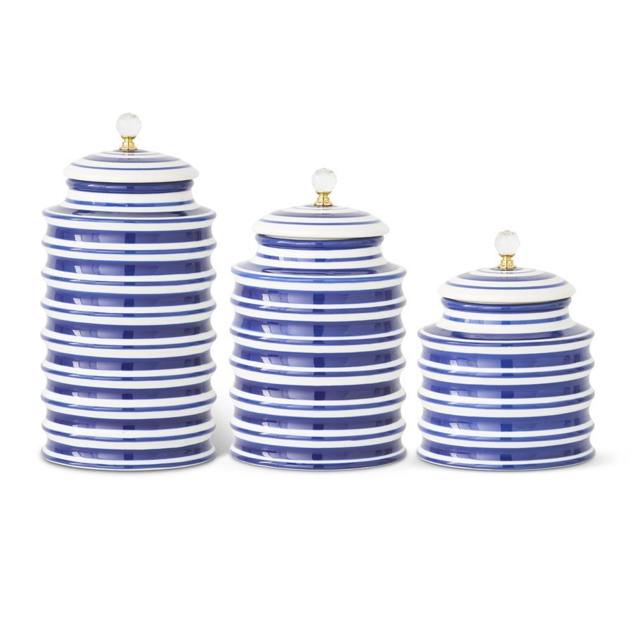 Set of 3 Blue & White Ribbed Kitchen Canisters with Crystal Knobs – Decorative Storage Jars