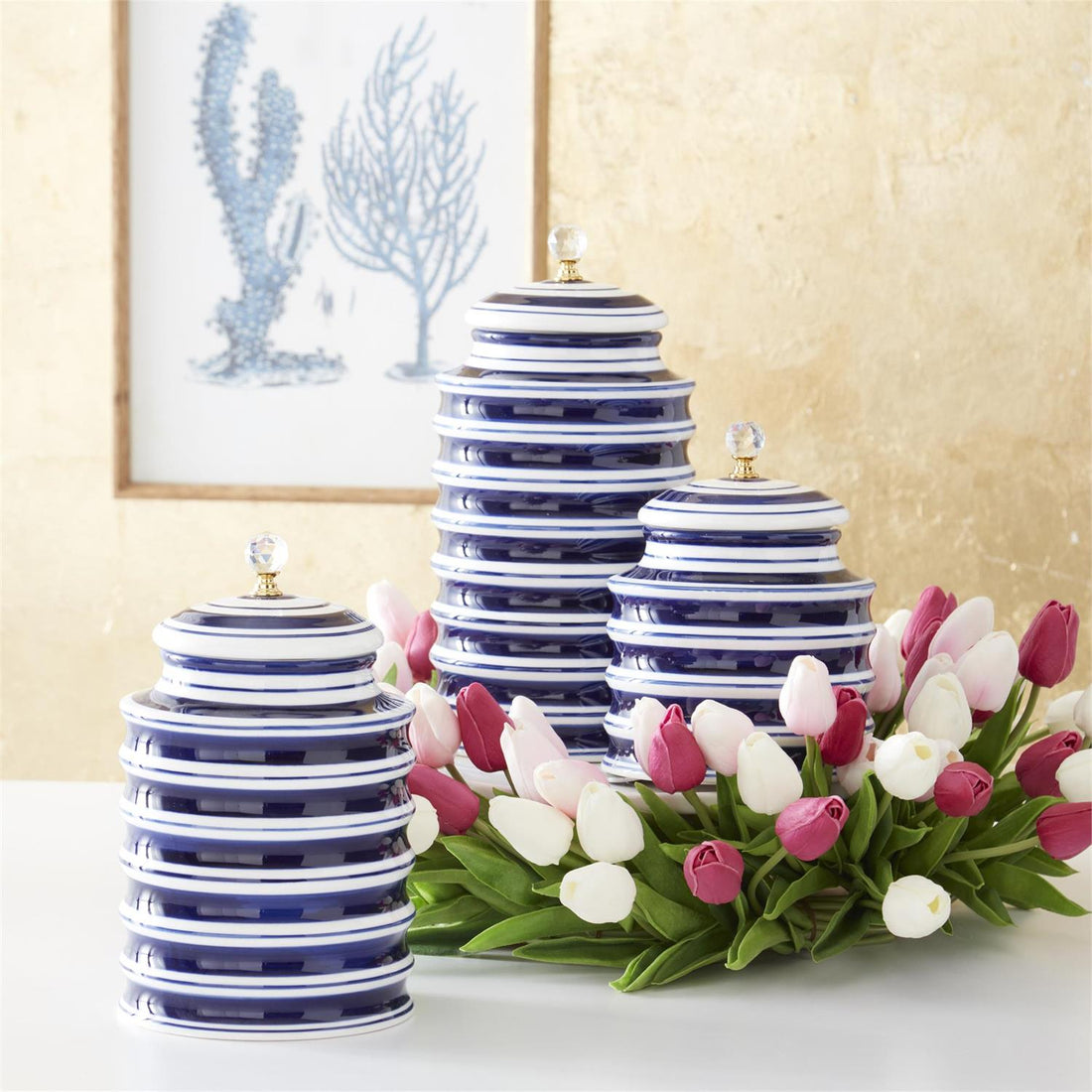 Set of 3 Blue & White Ribbed Kitchen Canisters with Crystal Knobs – Decorative Storage Jars
