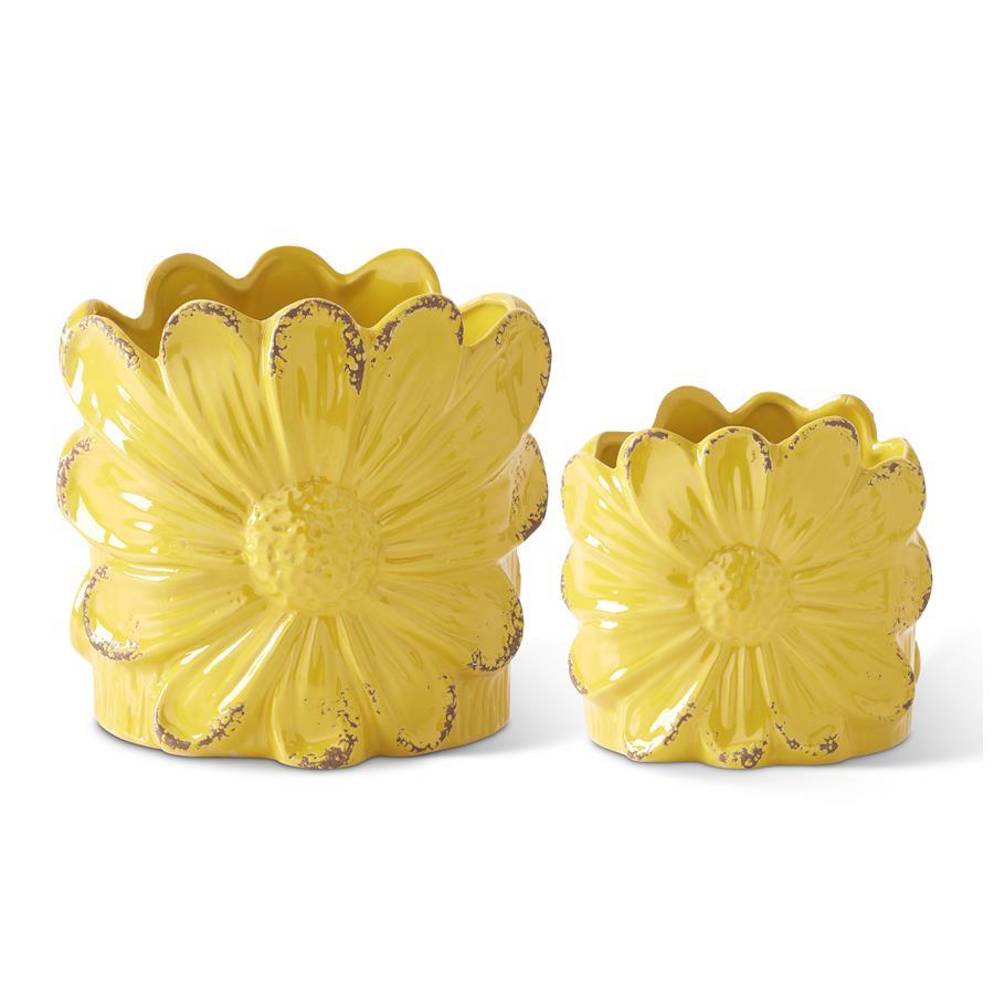 Set of 2 Distressed Yellow Sunflower Ceramic Planters – Decorative Flower Pots for Home & Garden
