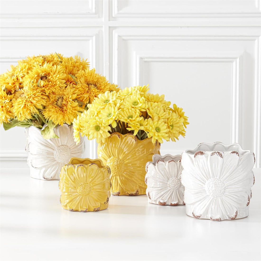 Set of 2 Distressed Yellow Sunflower Ceramic Planters – Decorative Flower Pots for Home & Garden