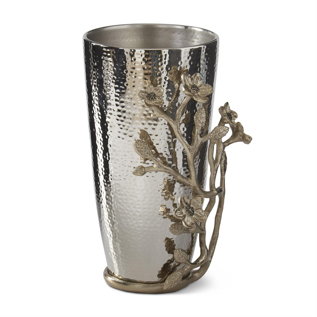 10.75-inch hammered silver metal vase with gold floral detail