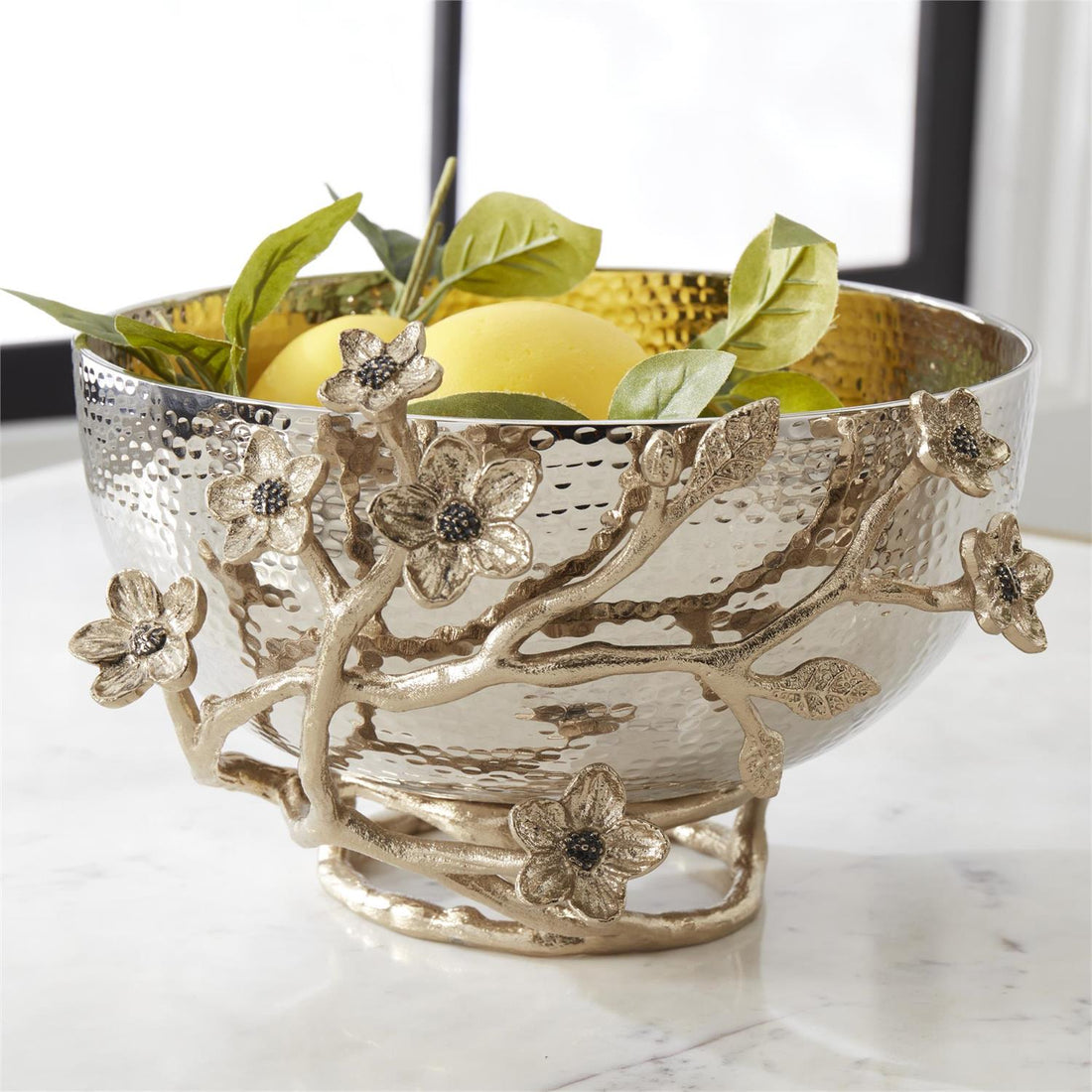 Hammered silver metal bowl with gold floral accent alternate view