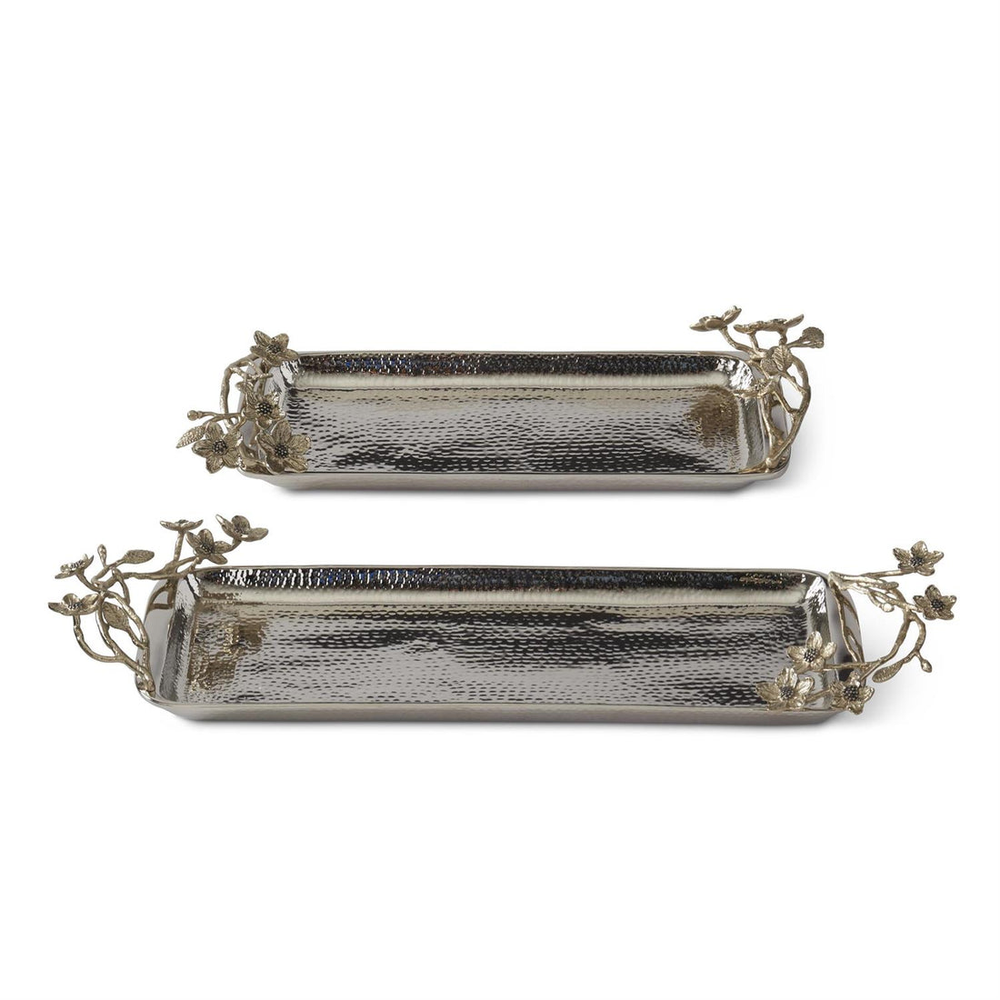 Set of two hammered silver metal trays with gold floral handles
