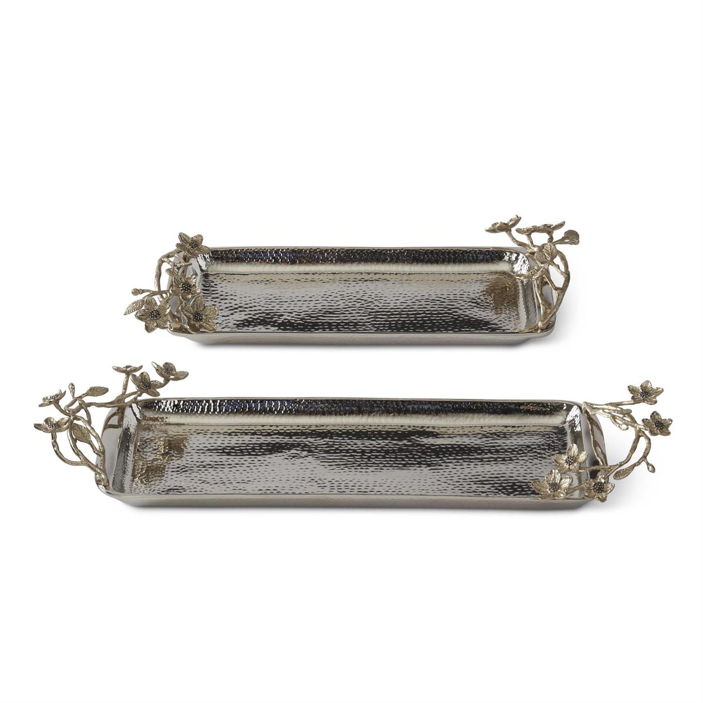 Set of 2 Hammered Silver Metal Trays w/gold Metal Floral Handles