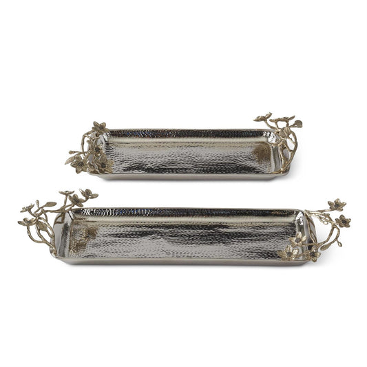 Set of 2 Hammered Silver Metal Trays w/gold Metal Floral Handles