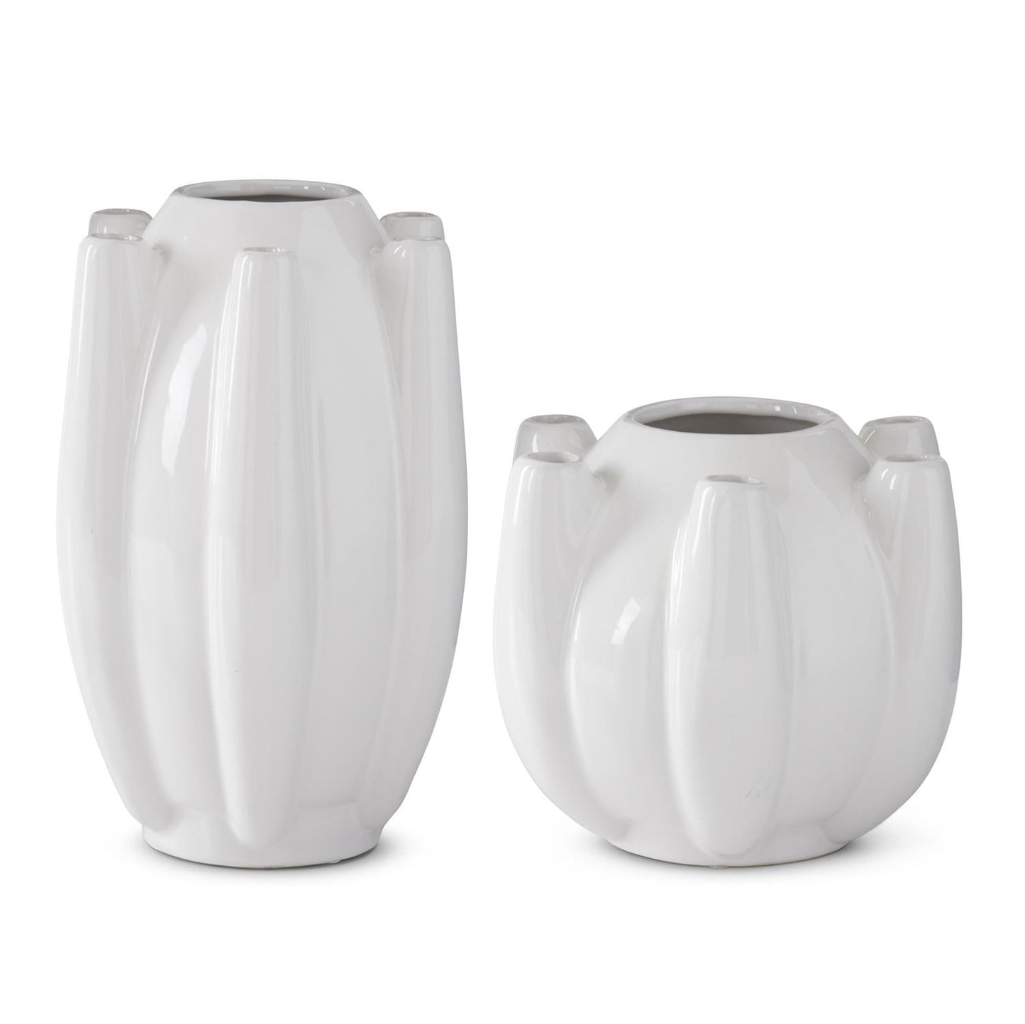 2 Set White Stoneware 7 Openings Flower Vases