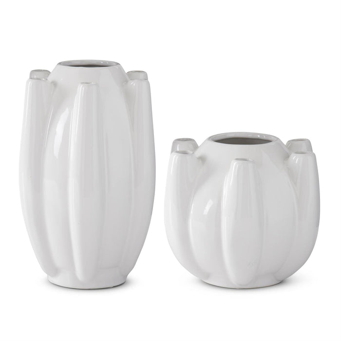 2 Set White Stoneware 7 Openings Flower Vases