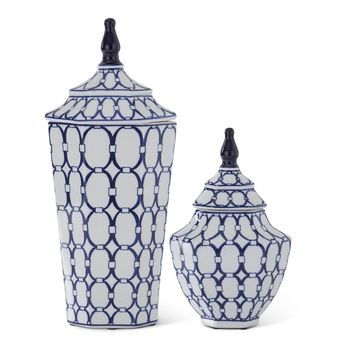 Blue and white porcelain decorative jars with lids alternate view