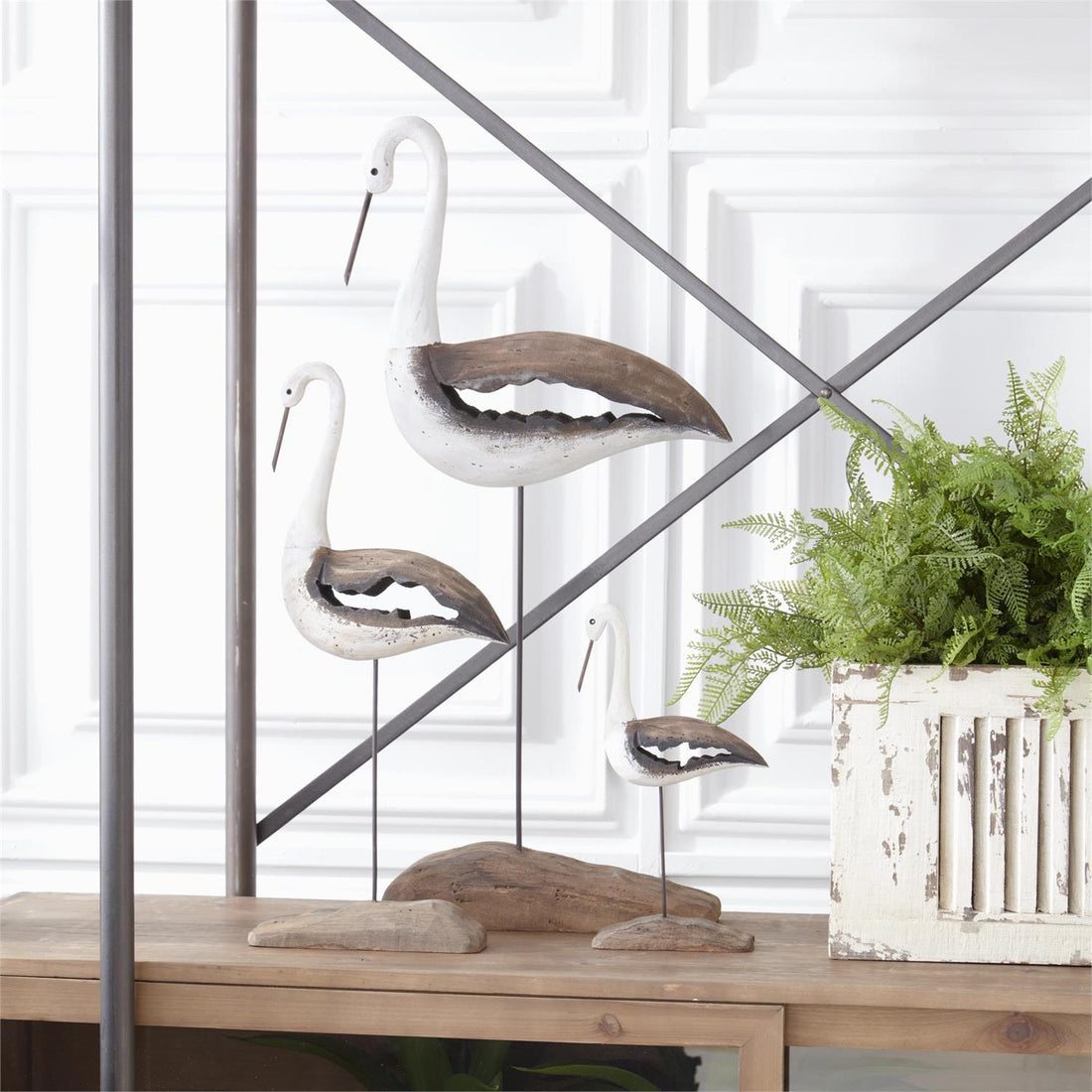 Set of 3 Whitewashed Paulownia Wood Shore Bird Sculptures on Stands – Coastal Home Decor