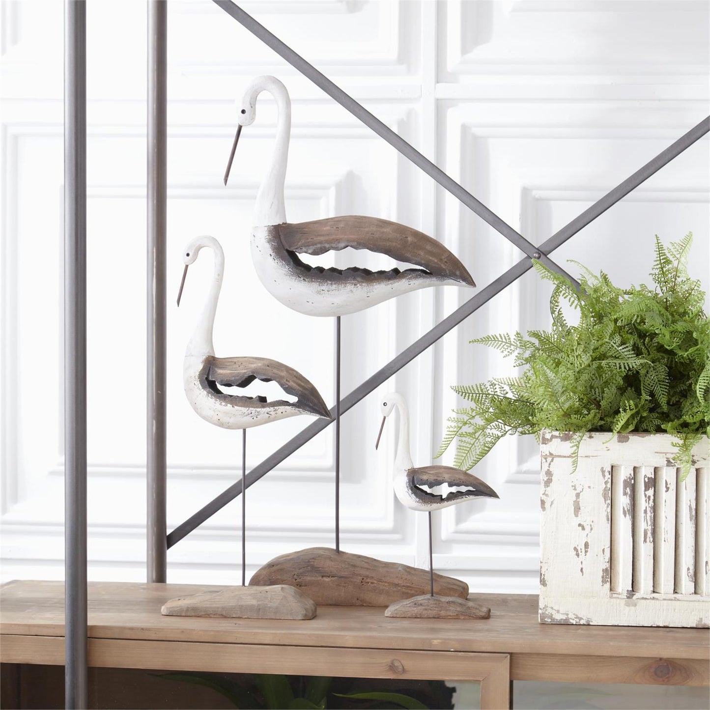 Set of 3 Whitewashed Paulownia Wood Shore Bird Sculptures on Stands – Coastal Home Decor