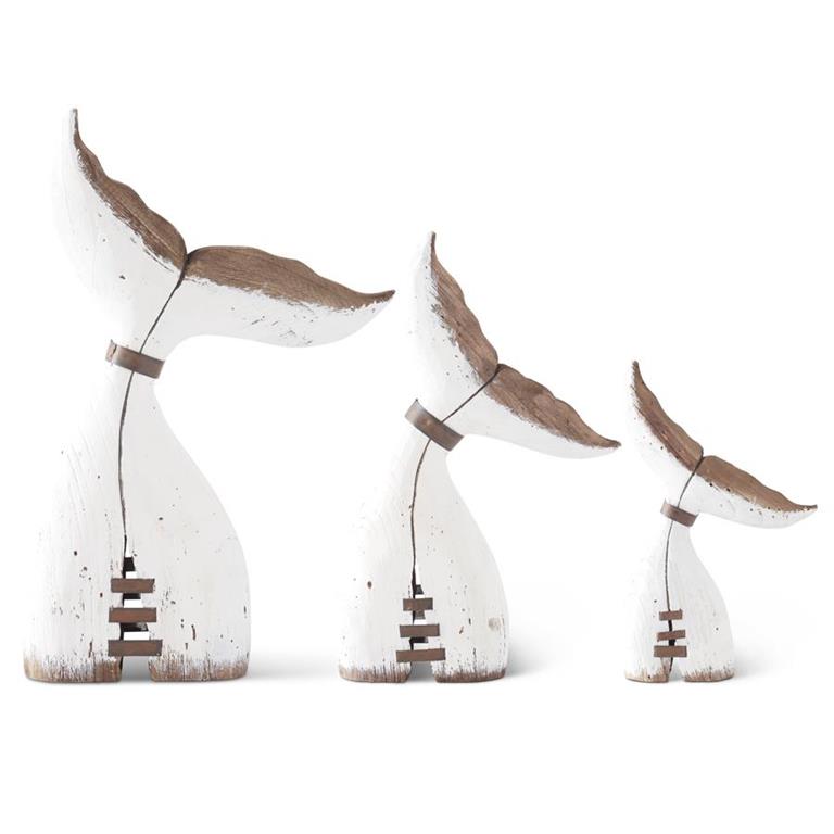 Set of 3 Whitewashed Paulownia Wood Whale Tail Sculptures – Coastal Nautical Home Decor