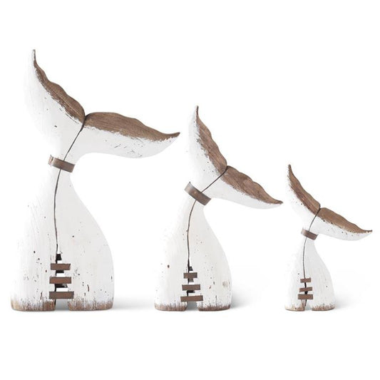 Set of 3 Whitewashed Paulownia Wood Whale Tail Sculptures – Coastal Nautical Home Decor