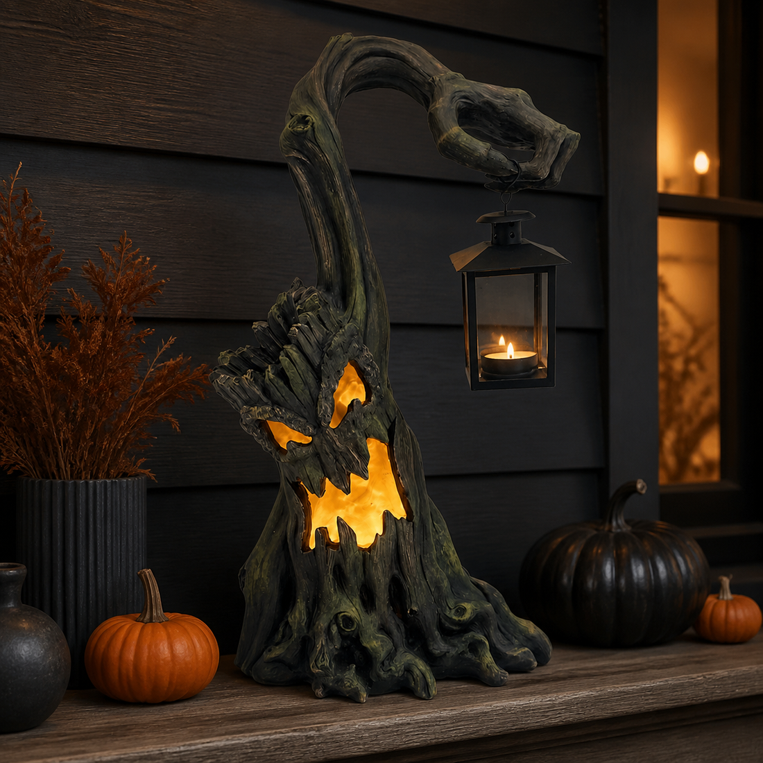LED Grim Gardens haunted tree Halloween decor styled on a covered porch