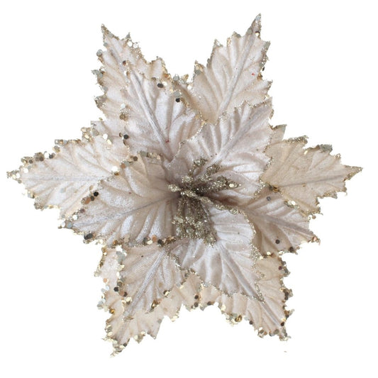 10" White Velvet Poinsettia Flower with Gold Trim – Elegant Christmas Floral Decoration