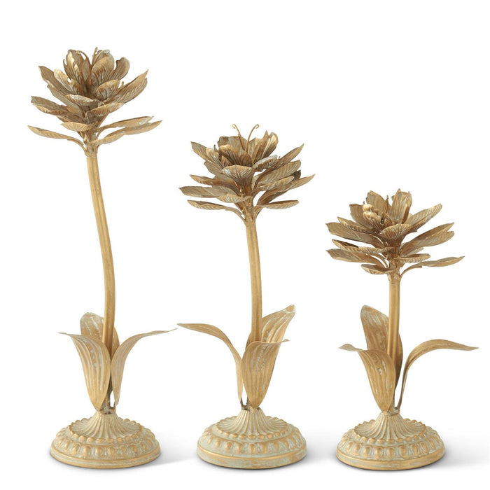 Set of 3 Gold Whitewashed Metal Flower Sculptures – Decorative Floral Tabletop Accents