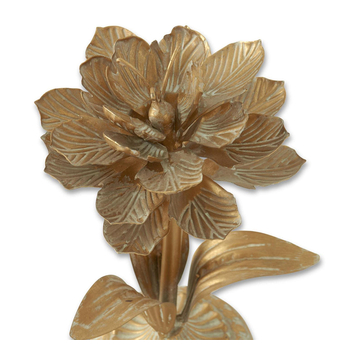 Set of 3 Gold Whitewashed Metal Flower Sculptures – Decorative Floral Tabletop Accents