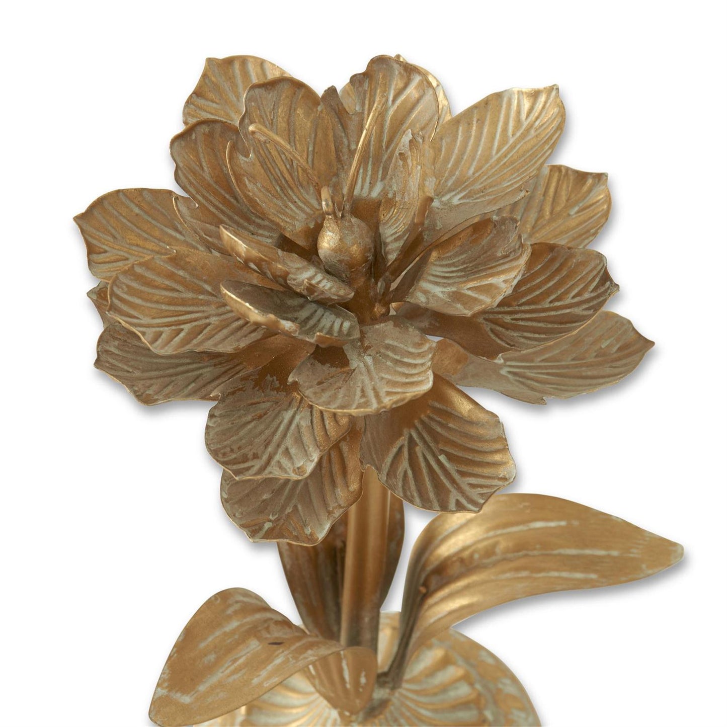 Set of 3 Gold Whitewashed Metal Flower Sculptures – Decorative Floral Tabletop Accents