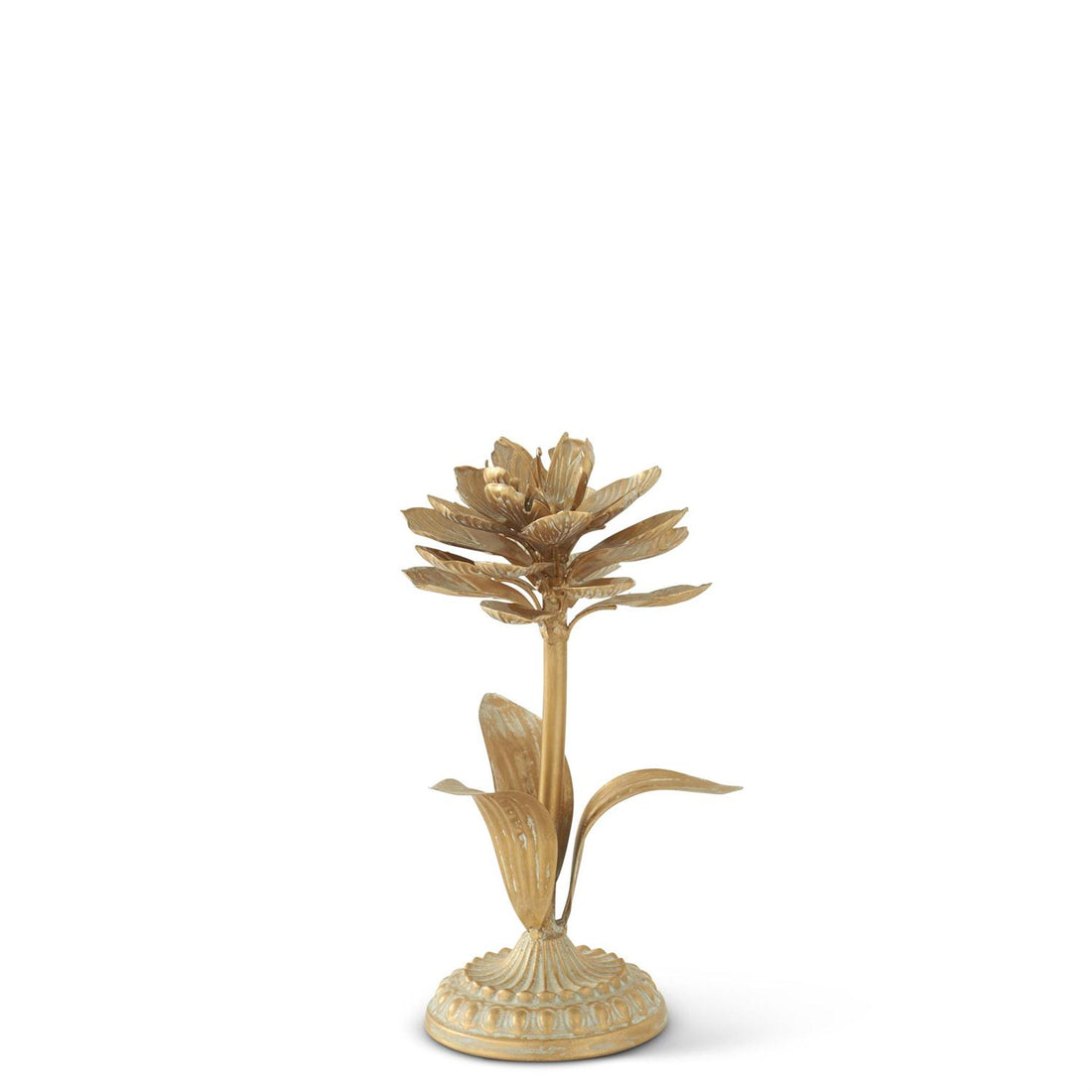 Set of 3 Gold Whitewashed Metal Flower Sculptures – Decorative Floral Tabletop Accents