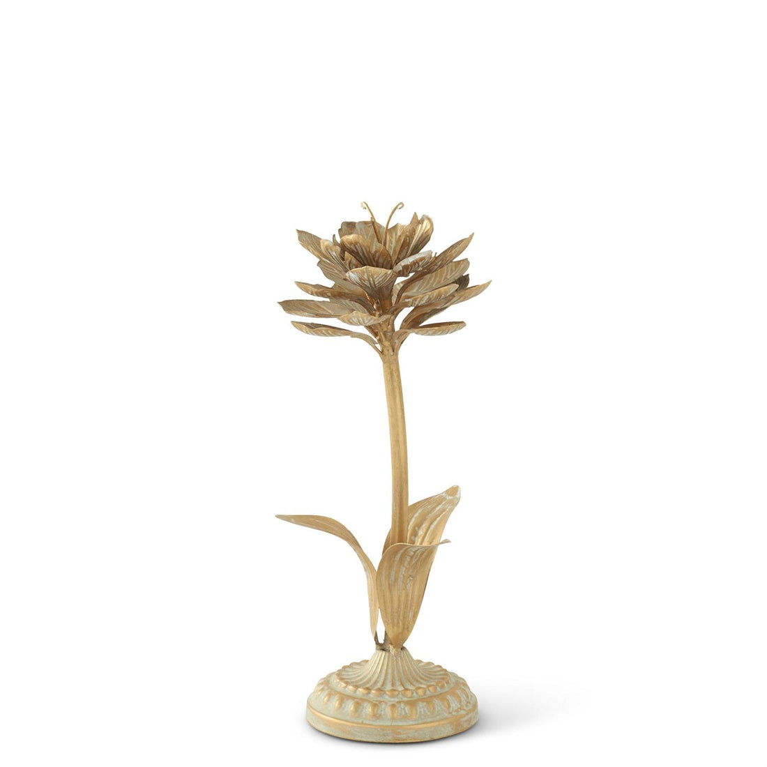 Set of 3 Gold Whitewashed Metal Flower Sculptures – Decorative Floral Tabletop Accents