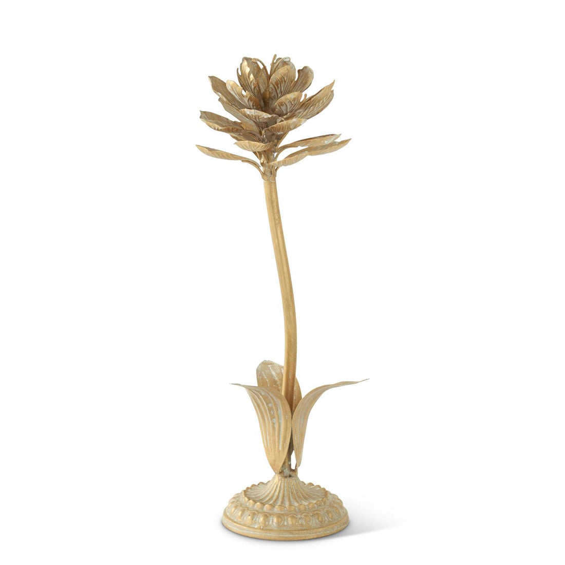 Set of 3 Gold Whitewashed Metal Flower Sculptures – Decorative Floral Tabletop Accents