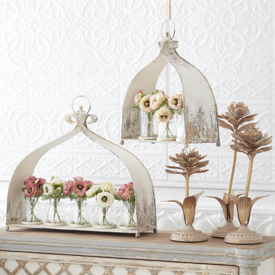 Set of 3 Gold Whitewashed Metal Flower Sculptures – Decorative Floral Tabletop Accents
