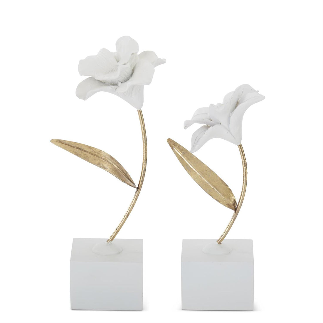 Set of 2 White Resin Flowers with Gold Metal Stems on Base – Modern Decorative Sculptures
