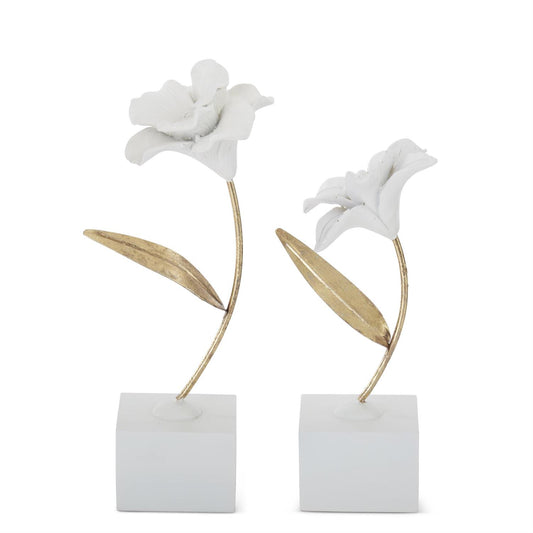Set of 2 White Resin Flowers with Gold Metal Stems on Base – Modern Decorative Sculptures