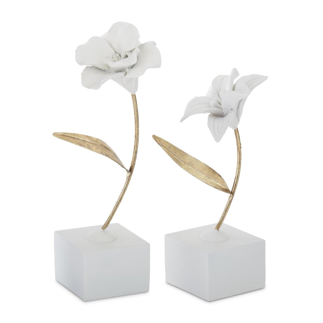 Set of 2 White Resin Flowers with Gold Metal Stems on Base – Modern Decorative Sculptures