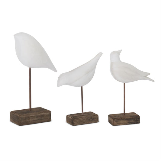Set of 3 White Wood Shore Birds on Spindles