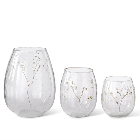 Set of 3 Clear Glass Bud Vases with Dried Floral Design – Decorative Tabletop Vases