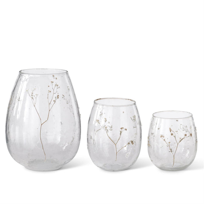 Set of 3 Clear Glass Bud Vases with Dried Floral Design – Decorative Tabletop Vases