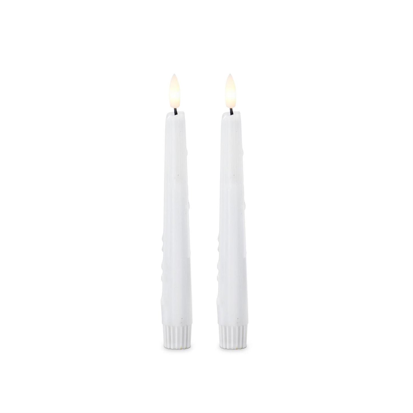Set of 2 White 8" LED Flickering Drip Taper Candles with Timer | Battery Operated