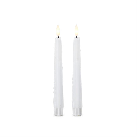 Set of 2 White 8" LED Flickering Drip Taper Candles with Timer | Battery Operated