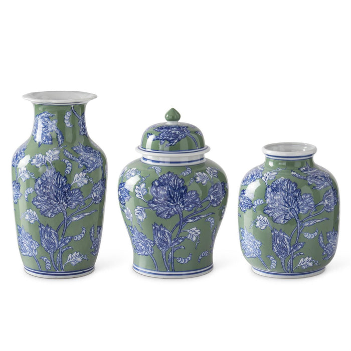 Set of 3 Blue Green & White Floral Ceramic Vases