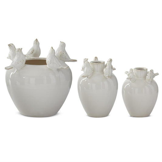 Set of 3 Cream Ceramic Bird Rim Vases