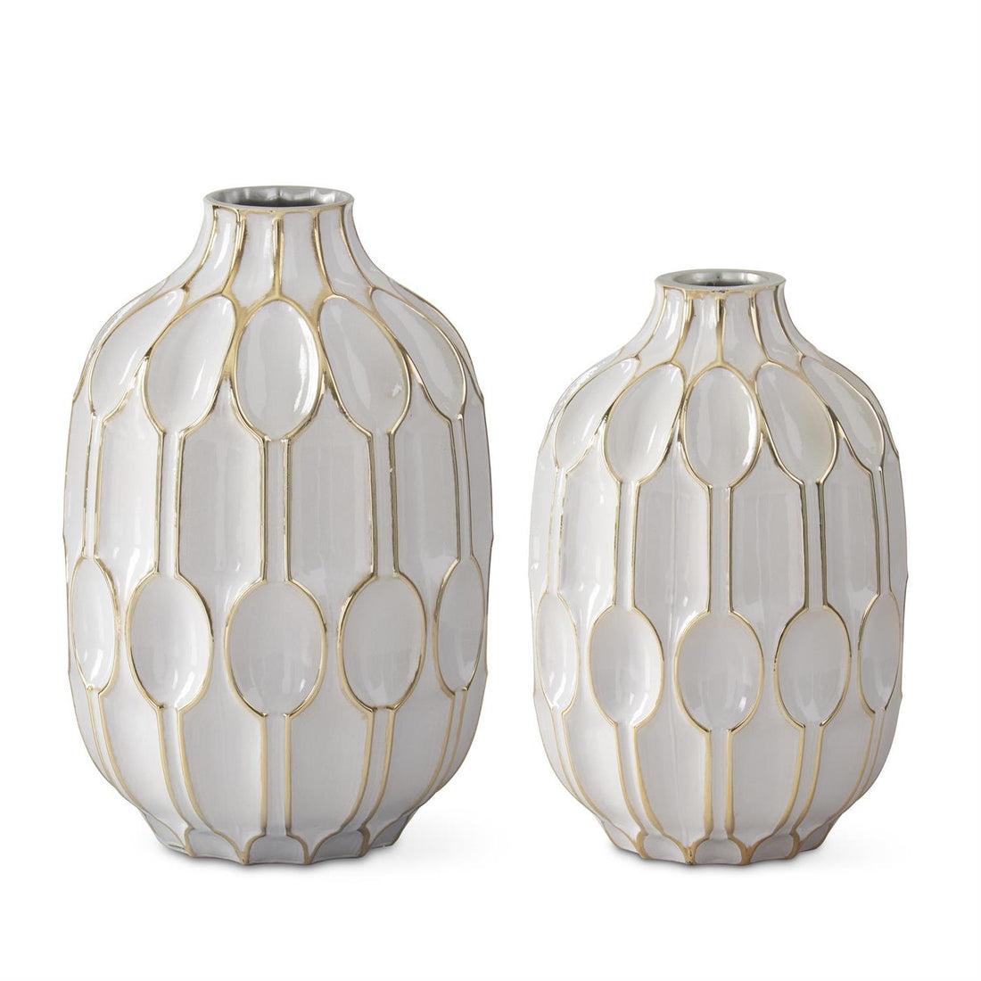 Set of two white glass oval vases with gold embossed detailing