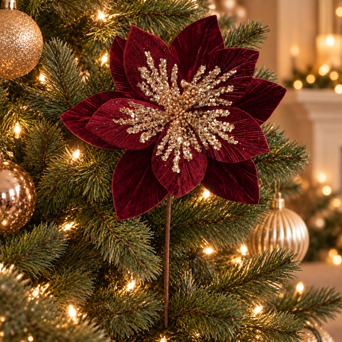 20-inch burgundy velvet magnolia pick with rose-gold sequins styled on an elegant Christmas tree