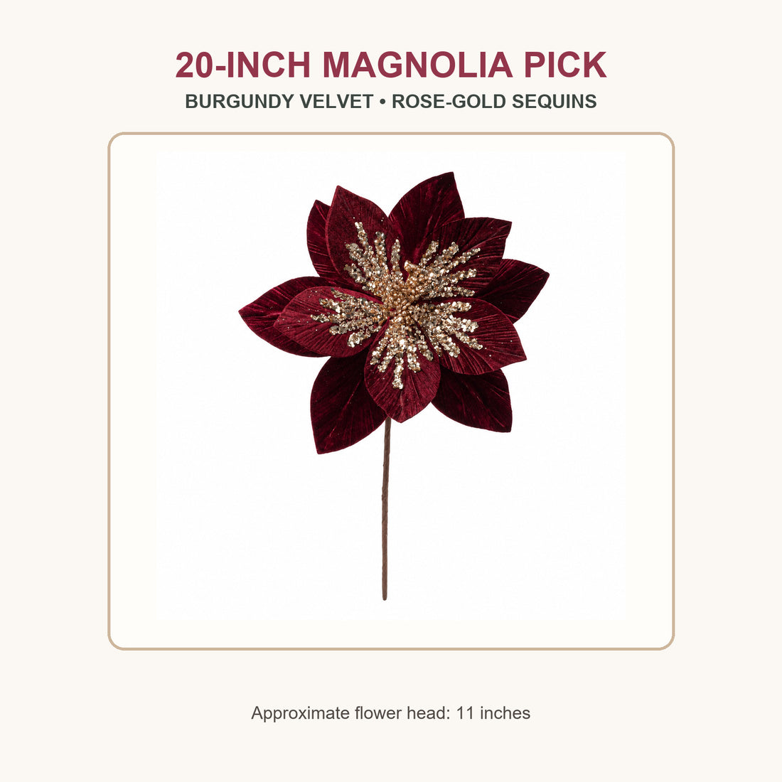 20-inch burgundy velvet magnolia Christmas pick with 11-inch flower head and rose-gold sequins