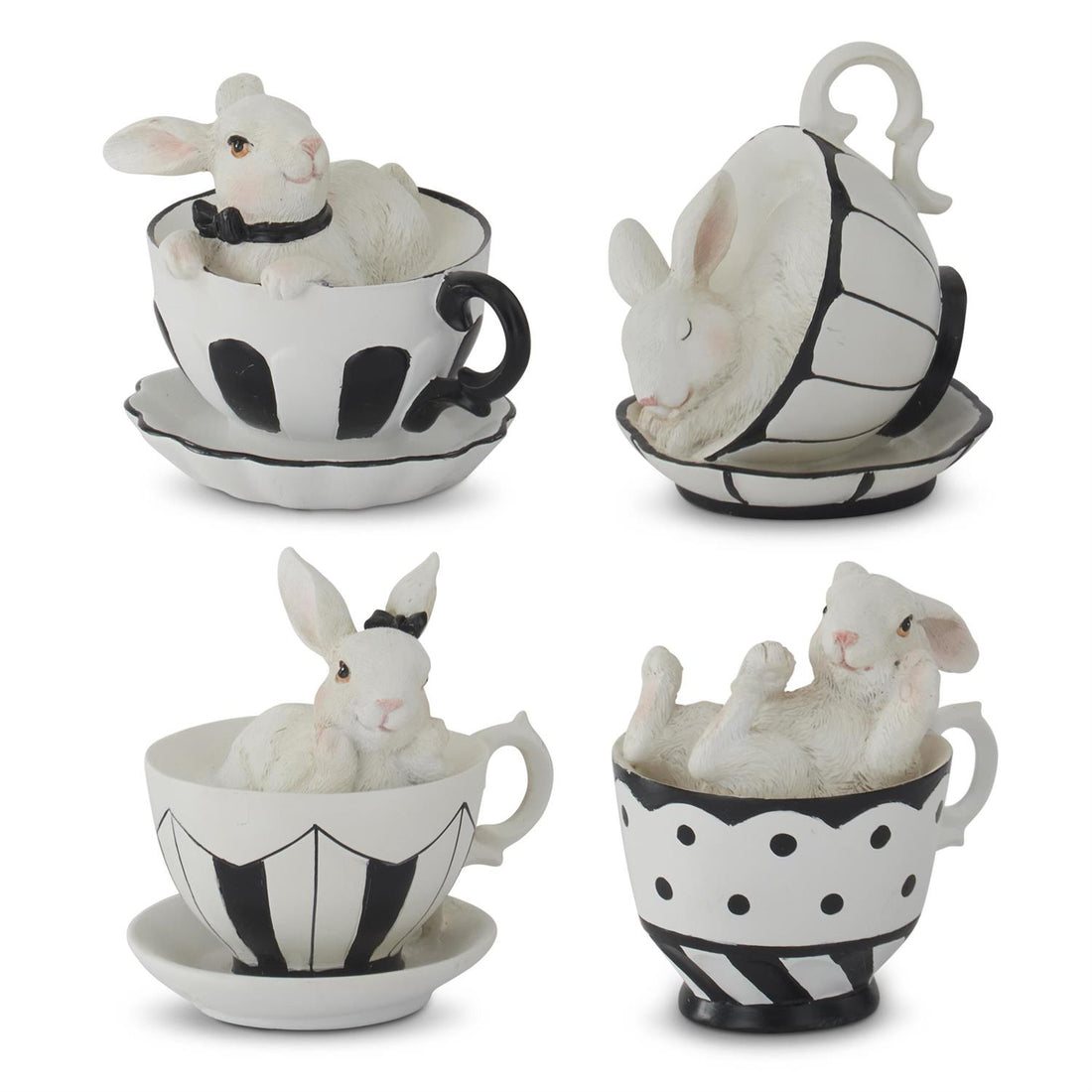 3.25" White Resin Bunnies in Black & White Teacups – Set of 4