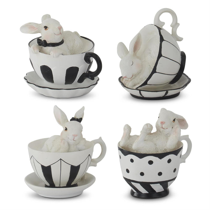 3.25" White Resin Bunnies in Black & White Teacups – Set of 4