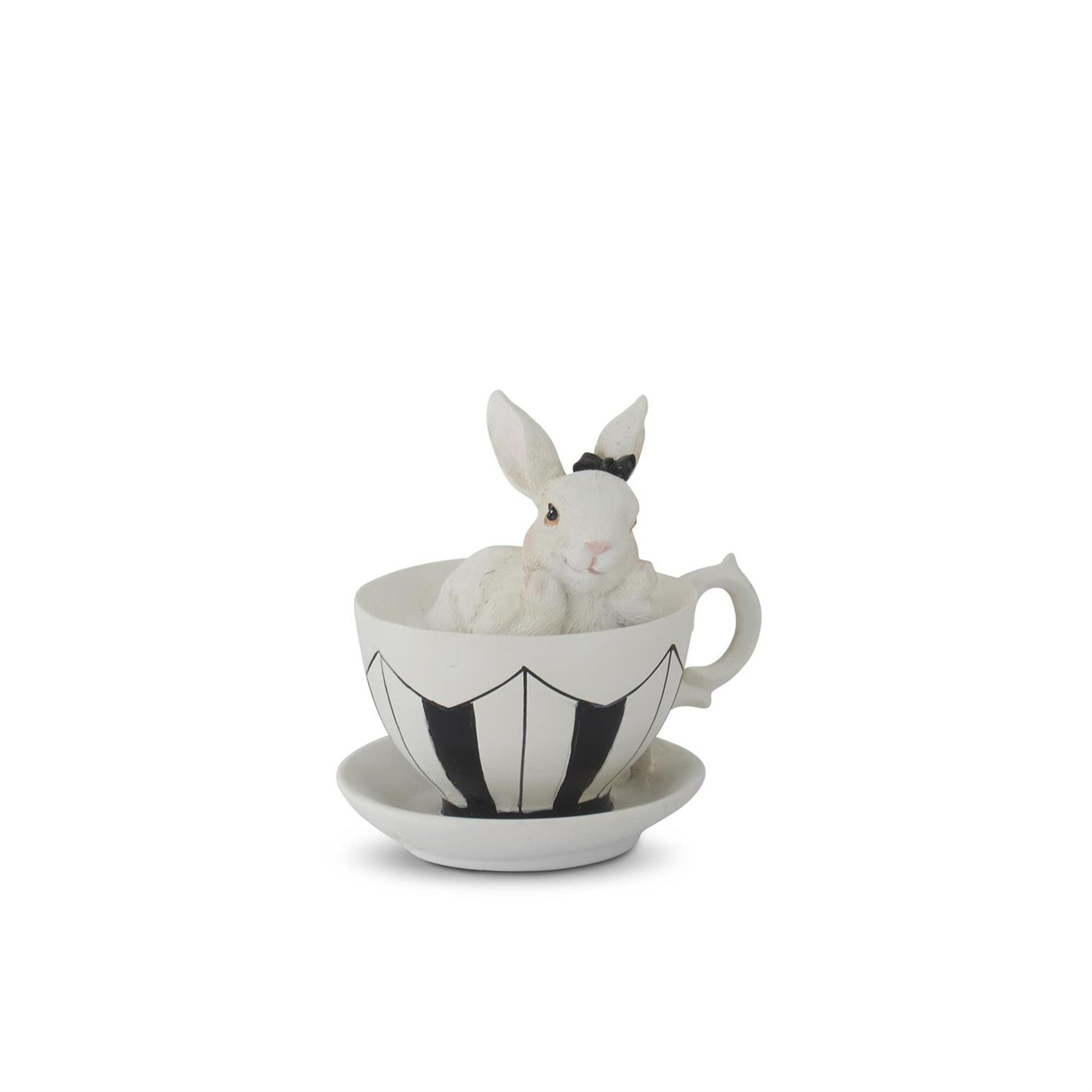 3.25" White Resin Bunnies in Black & White Teacups - Set of 4