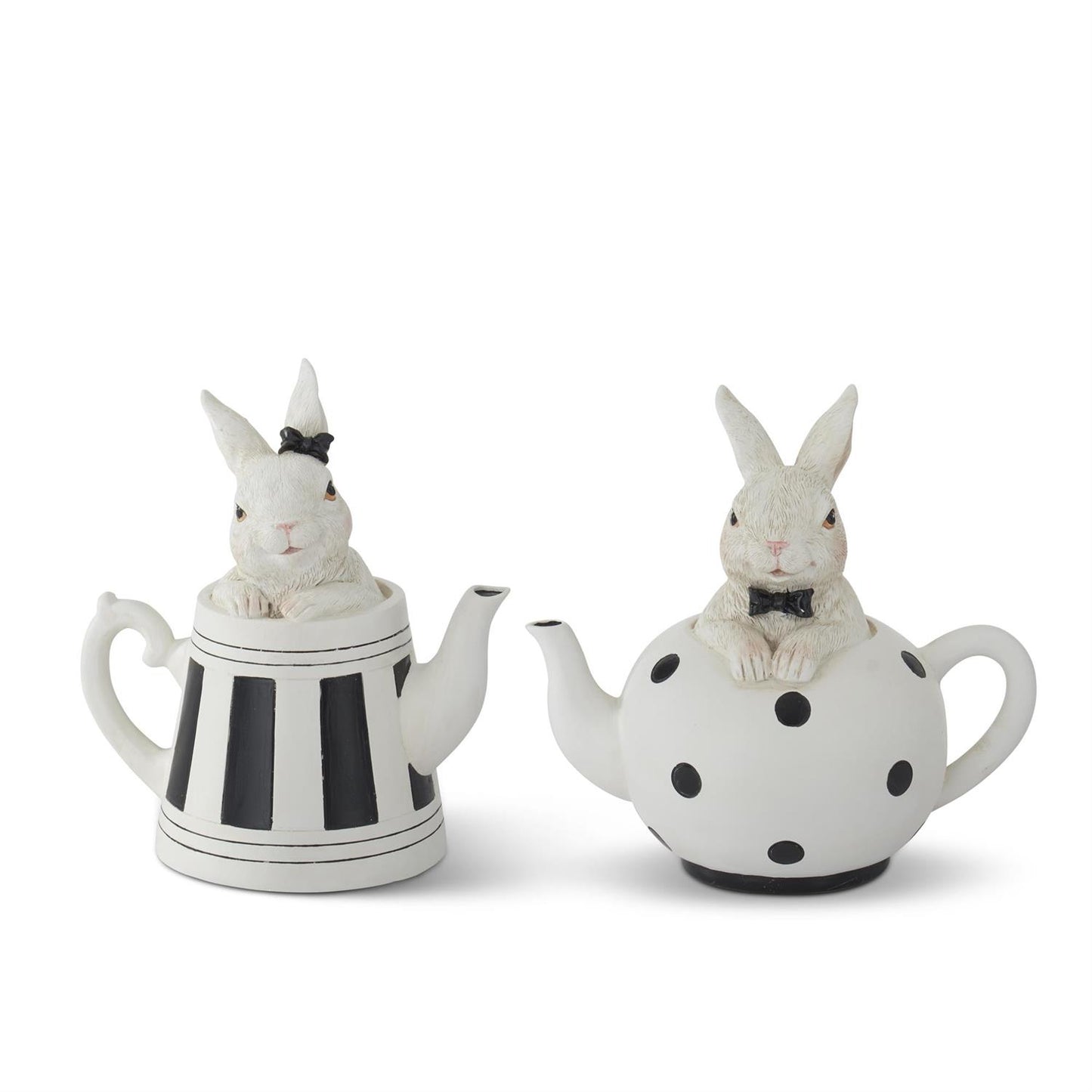 5.75 Inch White Resin Bunnies in Black & White Teapots - Set of 2