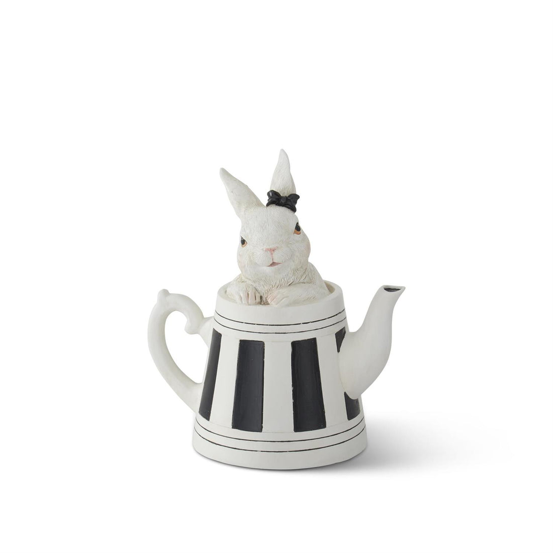 White bunny in black-and-white teapot Easter figurine alternate view