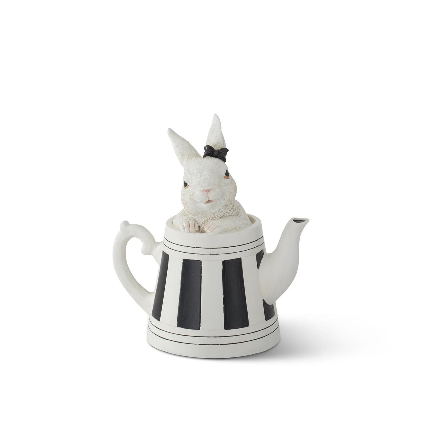 5.75 Inch White Resin Bunnies in Black & White Teapots - Set of 2